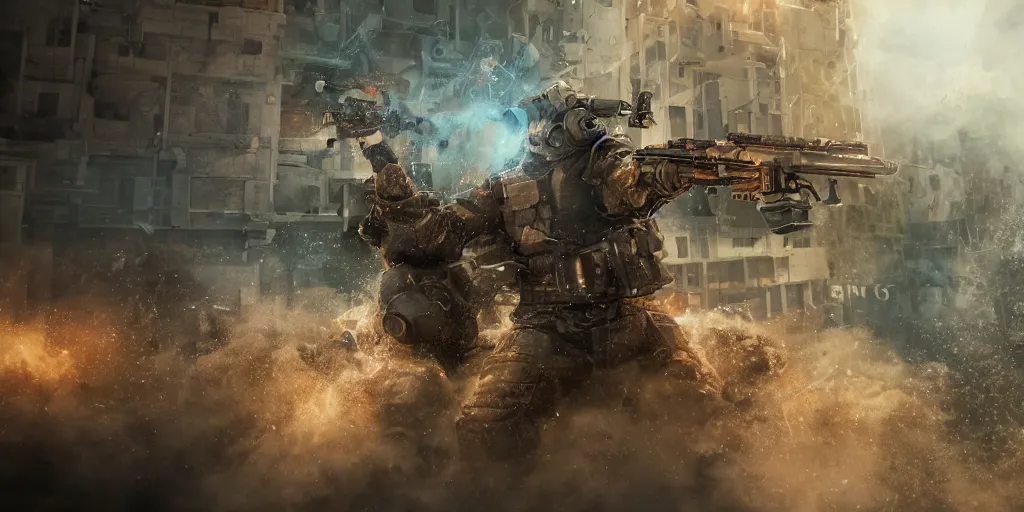 Image similar to bear holding a minigun and firing into a building, realistic 4 k octane beautifully detailed render, 4 k post - processing, highly detailed, intricate complexity, epic composition, magical atmosphere, cinematic lighting, masterpiece, ultra hd