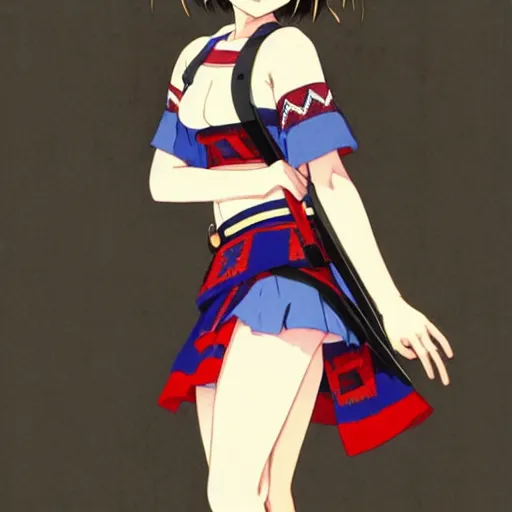 Image similar to a beautiful! boyish! natalie portman alluring gravure! model, wearing catholic school girl outfit with mayan pattern and native style, aztec street fashion, gapmoe yandere grimdark, trending on pixiv fanbox, painted by greg rutkowski makoto shinkai takashi takeuchi studio ghibli, akihiko yoshida