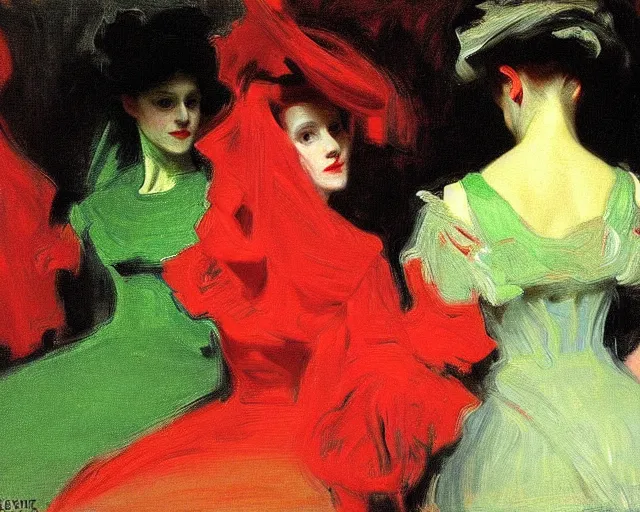 Prompt: a green, red, and black painting by John Singer Sargent