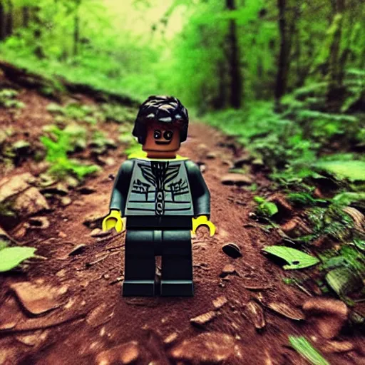 Prompt: “Lego figure caught running past a trail cam, midnight horror”