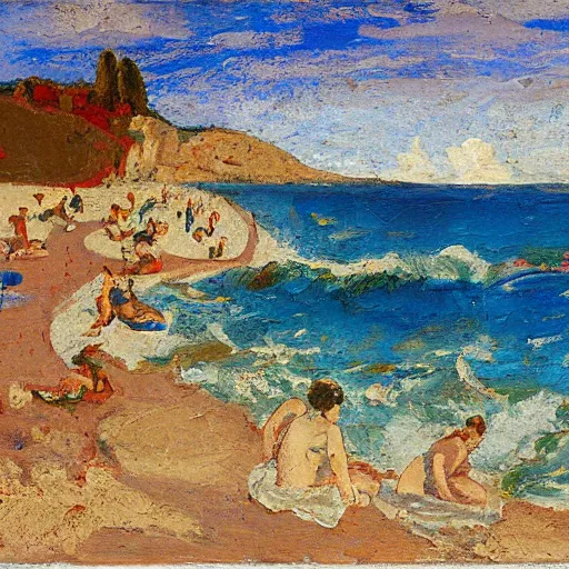 Prompt: oil paint impasto reliefs, italian beach scene, an artwork by charles w. bartlett