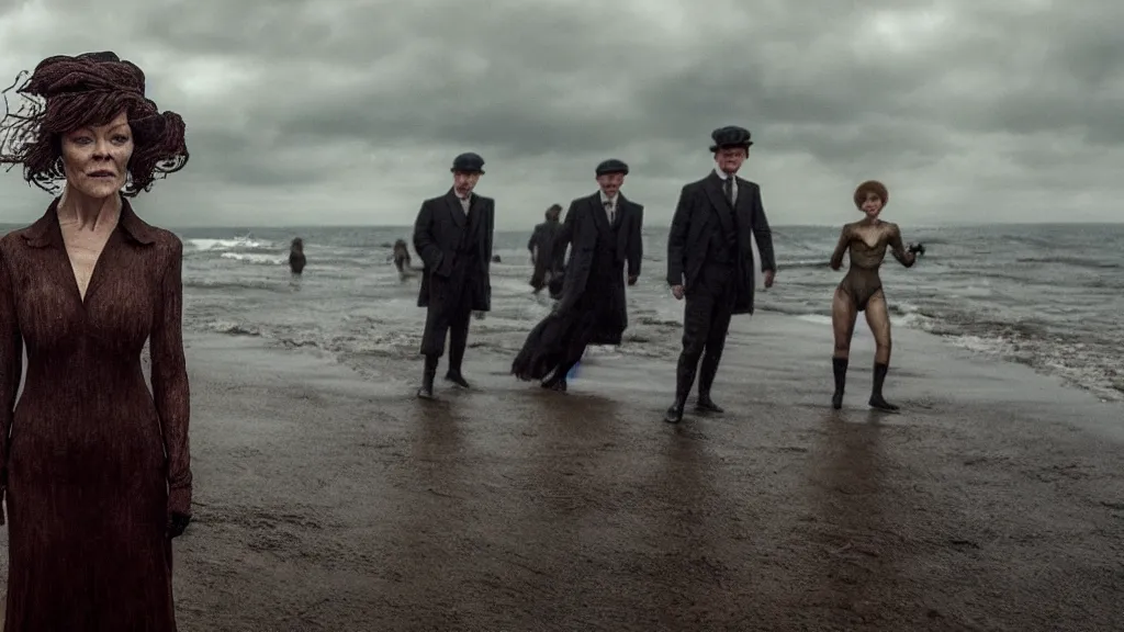 Prompt: photo of Helen McCrory coming out of the ocean, extreme detailed face, Peaky Blinders crew on the background, film still from the movie directed by Denis Villeneuve with art direction by Zdzisław Beksiński, wide lens