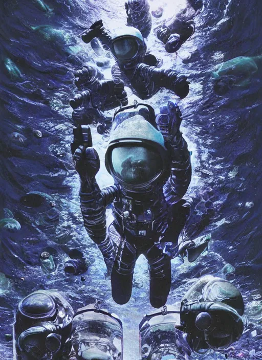 Image similar to astronauts in dark void underwater - complex and hyperdetailed technical suit. reflection and dispersion materials. rays and dispersion of light. volumetric light. f / 3 2. noise film photo. flash photography. ultra realistic, wide angle. poster by wayne barlowe, hajime sorayama aaron horkey, craig mullins