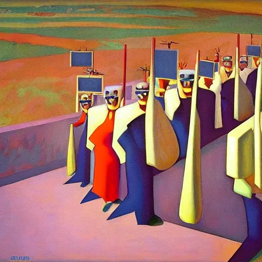 Prompt: robot druids in a grand processional, grant wood, pj crook, edward hopper, oil on canvas