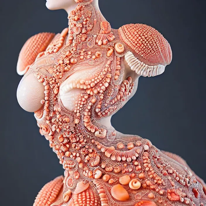 Image similar to photo portrait of a beautiful woman like a nynph-sea-angel, dressed in long elegant intricate ornamental coral and shells white dress, natural skin tone, intricate fractal highly detailed coral and shells ornament in the upper side of breast, bust with a very long neck , elegant, highly detailed intricate coral and shells ornament in her blond long hair, Realistic, Refined, Highly Detailed, Cinematic Lighting, fine art photography by Paolo Roversi, volumetric lighting, hyper realistic photography, dramatic colors scheme