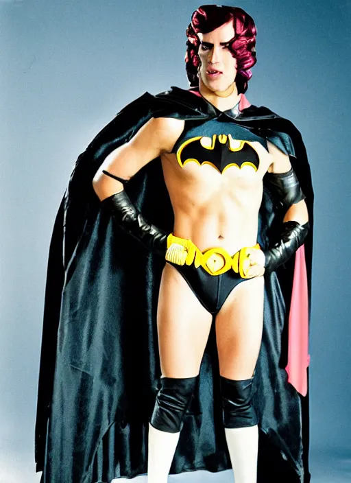 Image similar to a fashion portrait photograph by david lachapelle of a man in a batman costume, cosplay, 3 5 mm, color film camera, pentax