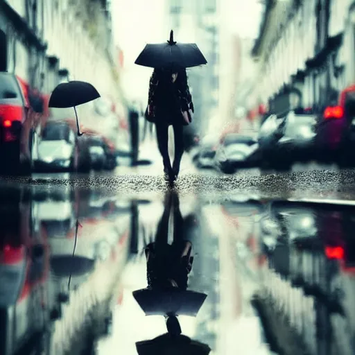 Prompt: a beautiful city in rainy day, reflection on the roads, lots of light, cars, people with umbrella, cinematic