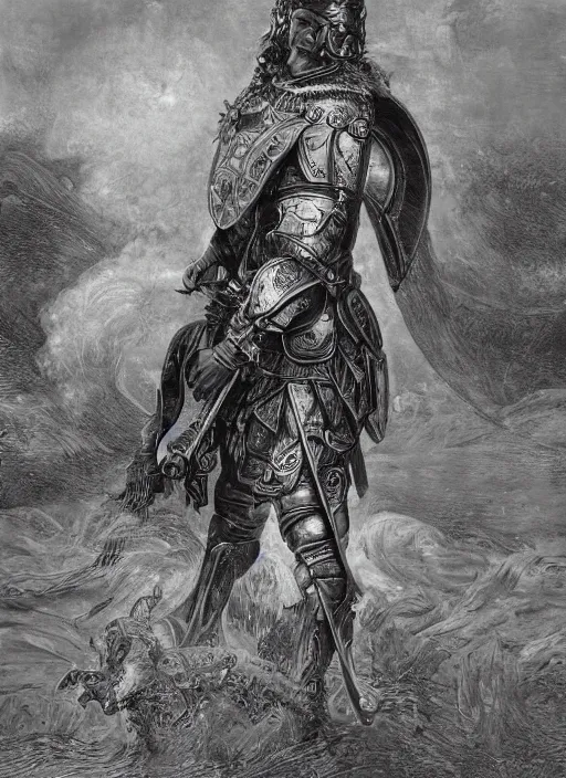 Image similar to highly detailed picture of great greek warrior with a shield, edge of the universe, symmetrical face, cinematic romantic magical, greek myth, masterpiece, from the book by gene wolfe, highly detailed painting by gustave dore