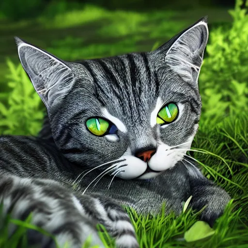 Prompt: wounded grey striped cat lying on the ground in a warrior cats forest, unreal engine