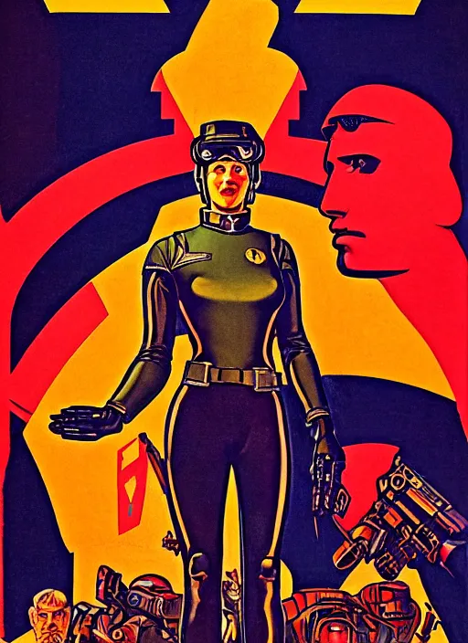 Image similar to soviet propaganda poster art. powerful cyberpunk pilot. portrait by jean giraud and anton otto fischer and john philip falter and will eisner and gil elvgren and pixar. full body. realistic proportions. science fiction d & d. overwatch, rb 6 s, cyberpunk 2 0 7 7, blade runner 2 0 4 9. cel shading. thick lines.