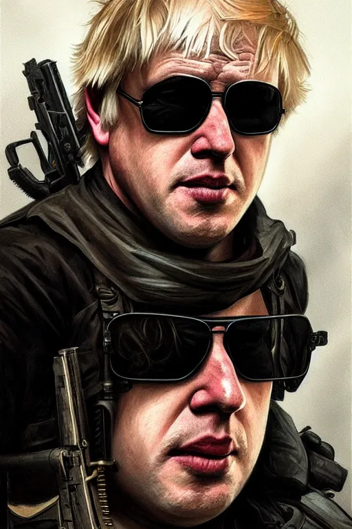 Prompt: Boris Johnson as Rambo, portrait, black sunglasses, highly detailed, digital painting, artstation, concept art, smooth, sharp focus, illustration, cinematic lighting, art by artgerm and greg rutkowski and alphonse mucha