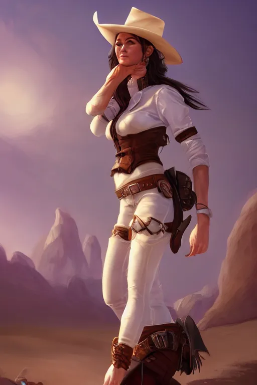 Image similar to full body, female cowgirl, perfect face, white blouse, holster, 8 k, magic the gathering, desert, d & d, artstation, high detail, smooth, sweaty