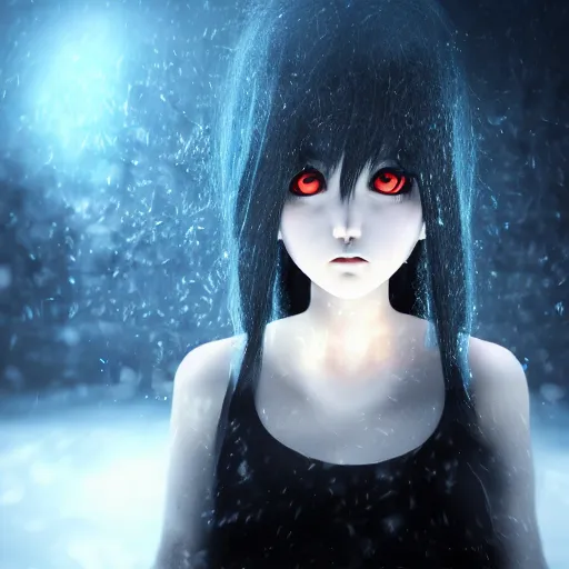 Prompt: photorealistic full body shot of masterpiece angry darkness android anime girl!, beautifull lovely eyes, electric aura with particles, snowing frozen ice, darkness background, inspired by tim burton, detailed, unreal engine 4 k, volumetric light, fog