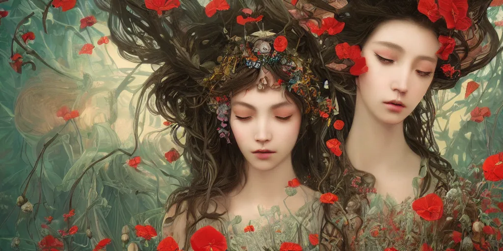 Image similar to breathtaking detailed concept art painting of the goddess of poppy flower, orthodox saint, with anxious, piercing eyes, ornate background, amalgamation of leaves and flowers, by hsiao - ron cheng, extremely moody lighting, 8 k