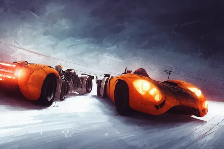 Image similar to dieselpunk mad max mclaren f 1 speeding across a frozen lake in a blizzard by makoto shinkai, ilya kuvshinov, lois van baarle, rossdraws, basquiat