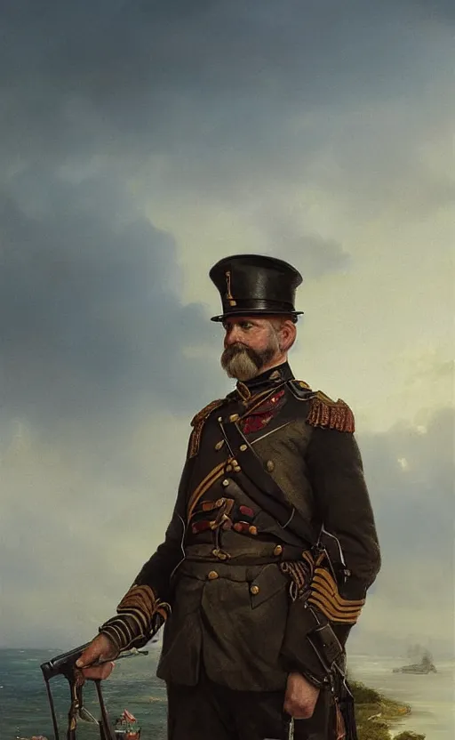 Prompt: Portrait of a victorian army officer overlooking a tropical island, male, detailed face, 19th century, highly detailed, cinematic lighting, digital art painting by greg rutkowski