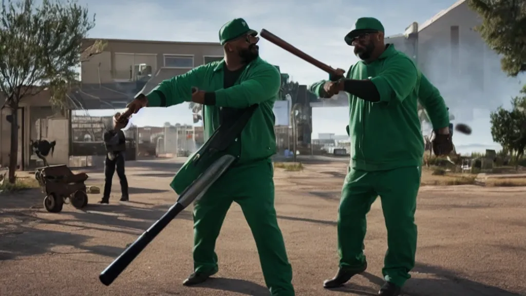 Image similar to Still of Big Smoke with green clothing wielding a baseball bat in Better Call Saul