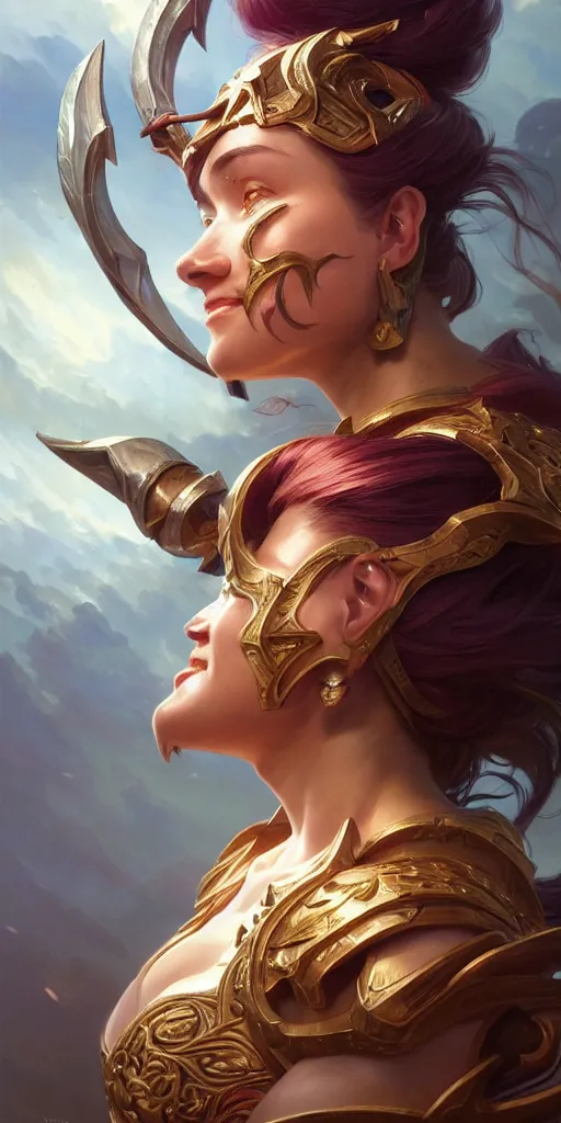 Image similar to portrait of a warrior smiling upon victory, league of legends, intricate, highly detailed, digital painting, hyperrealistic, artstation, concept art, smooth, sharp focus, illustration, Unreal Engine 5, 8K, art by artgerm and greg rutkowski and alphonse mucha, by Jesper Ejsing