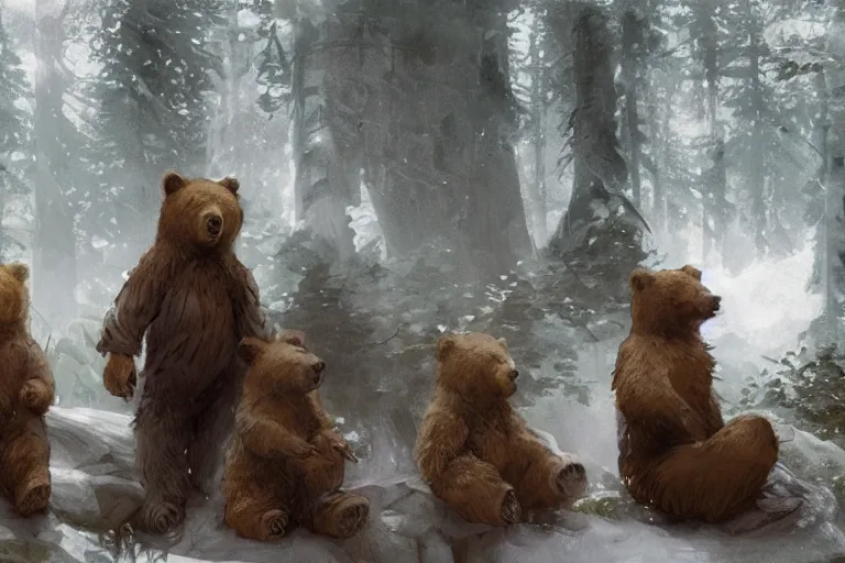 Image similar to goldilocks and the three bears outside the bears house in the forest, artstation, concept art, smooth, sharp focus, illustration, art by greg mullens and greg rutkowski and alphonse mucha