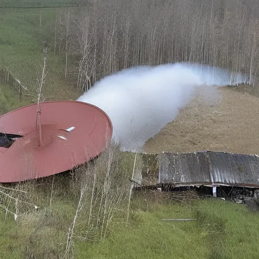 Image similar to a large funnel formed on the territory of the Russian village house in Russia as a result of a rocket hit