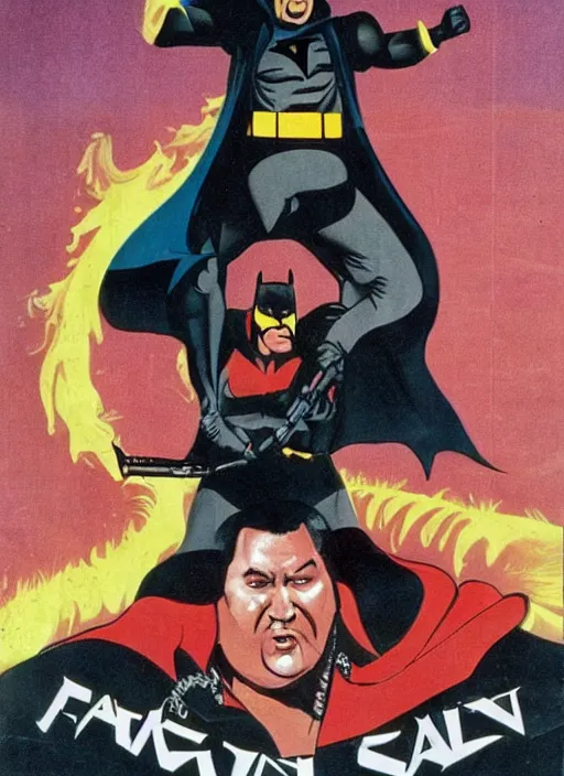 Prompt: an 8 0's john alvin action movie poster starring steven seagal face as a fat bat man superhero the movie is called fat batman