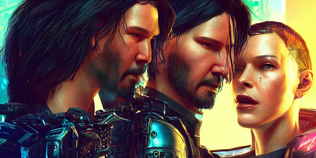 Prompt: a cyberpunk 2077 srcreenshot portrait of Keanu Reeves and V final kiss,love,film lighting,by Lawrence Alma-Tadema,Andrei Riabovitchev,Laurie Greasley,Dan Mumford,John Wick,Speed,Replicas,artstation,deviantart,FAN ART,full of color,Digital painting,face enhance,highly detailed,8K,octane,golden ratio,cinematic lighting