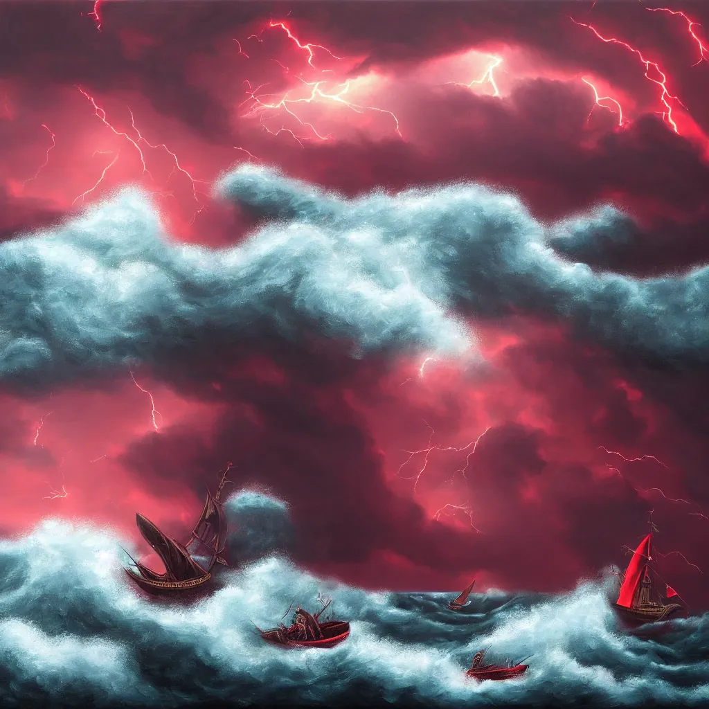 Prompt: a fantasy landscape. subject : giant dark red kraken, stormy sea, giant waves, lightning in the background, small boat, oil painting, 4 k