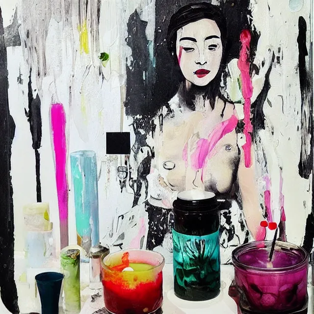 Image similar to “ a portrait in a female art student ’ s apartment, sensual, art supplies, paint tubes, palette knife, pigs, ikebana, herbs, a candle dripping white wax, black walls, squashed berries, berry juice drips, acrylic and spray paint and oilstick on canvas, surrealism, neoexpressionism ”