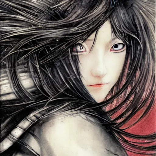 Image similar to yoshitaka amano realistic illustration of an anime girl with wavy white hair and cracks on her face wearing elden ring armour with the cape fluttering in the wind, abstract black and white patterns on the background, noisy film grain effect, highly detailed, renaissance oil painting, weird portrait angle