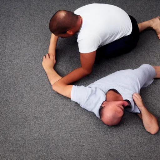 Prompt: photo of a man on the floor with a broken back, and another man on the floor vomiting all over himself