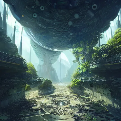 Prompt: space utopia where the path ways are filled with fauna, intricate building design, dynamic lighting, photorealistic fantasy concept art, trending on art station, stunning visuals, creative, cinematic, ultra detailed, ray tracing, sun rays