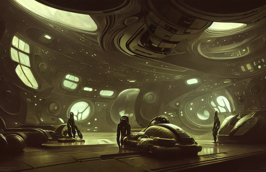 Image similar to interior of a alien spaceship, heroic lighting, sci-fi, intricate, elegant, highly detailed, lifelike, photorealistic, digital painting, artstation, illustration, concept art, smooth, sharp focus, art by John Collier and Albert Aublet and Krenz Cushart and Artem Demura and Alphonse Mucha