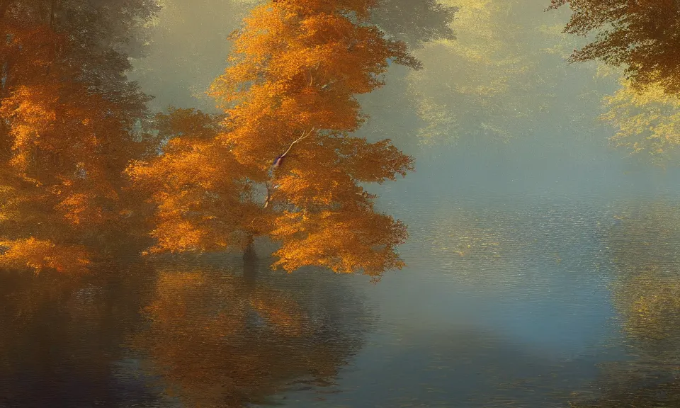 Prompt: A large, still lake surrounded by trees and forest, golden hour in autumn, volumetric sun rays and dust, water reflection, Thomas Kinkade, Greg Rutkowski, ArtStation, CGSociety, Unreal Engine