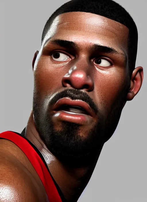Prompt: a detailed 3 d rendered portrait of an nba basketball player by artist hadi karimi, serious expression, dramatic lowkey studio lighting, accurate skin textures, subsurface scattering, octane renderer, zbrush, extreme detail, aesthetically pleasing and harmonious natural colors