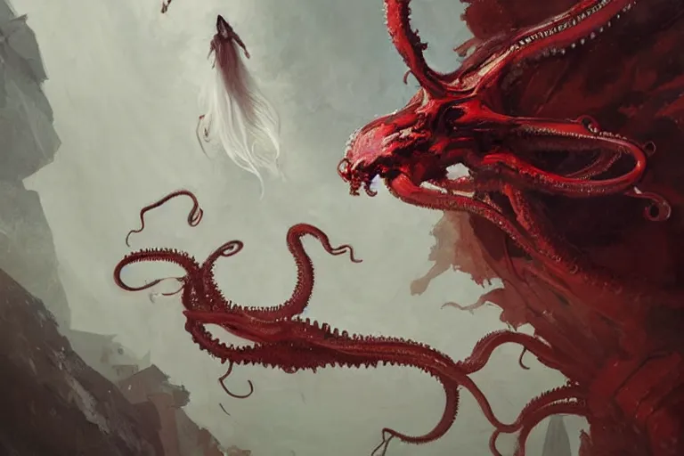 Image similar to painting by greg rutkowski of a flying chalk white head and face, with tentacles coming of the neck, red eyes, flying in a terrying hell like cavernous place