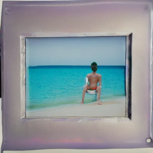 Image similar to a pastel colour high fidelity wide angle Polaroid art photo from a holiday album at a seaside with abstract inflatable rubber furniture, all objects made of transparent iridescent Perspex and metallic silver, iridescence, nostalgic