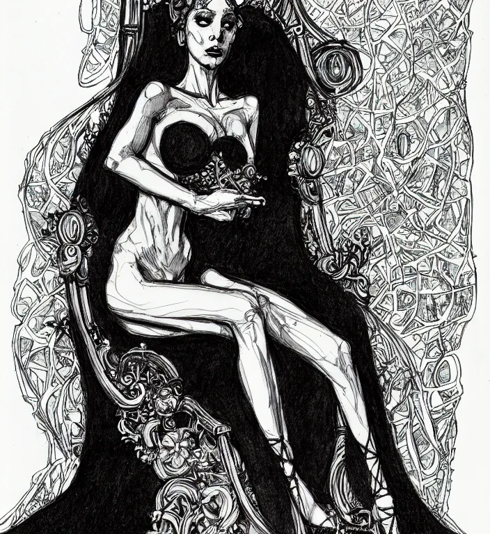 Image similar to salome full figure sitting on throne sketchbook ink drawing by james jean very detailed high contrast