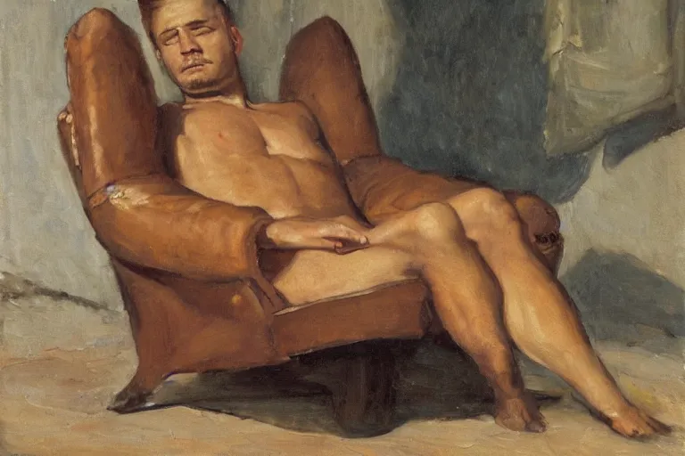 Image similar to a oil painting painting of a caucasian man wearing clothing relaxing on a brown reclined leather chair