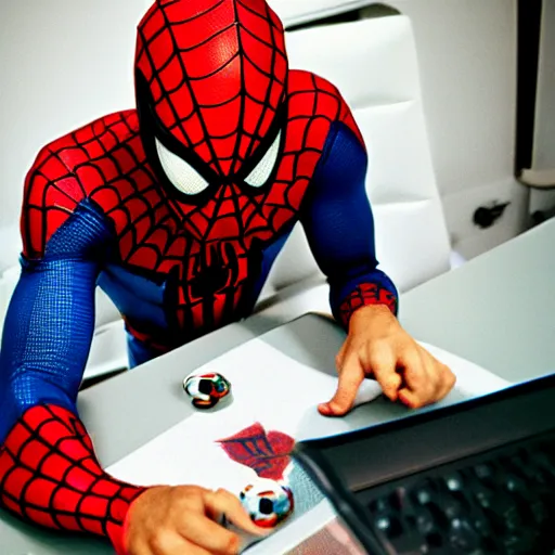 Image similar to spiderman sat at a desk playing games on a computer, 3 5 mm film photograph