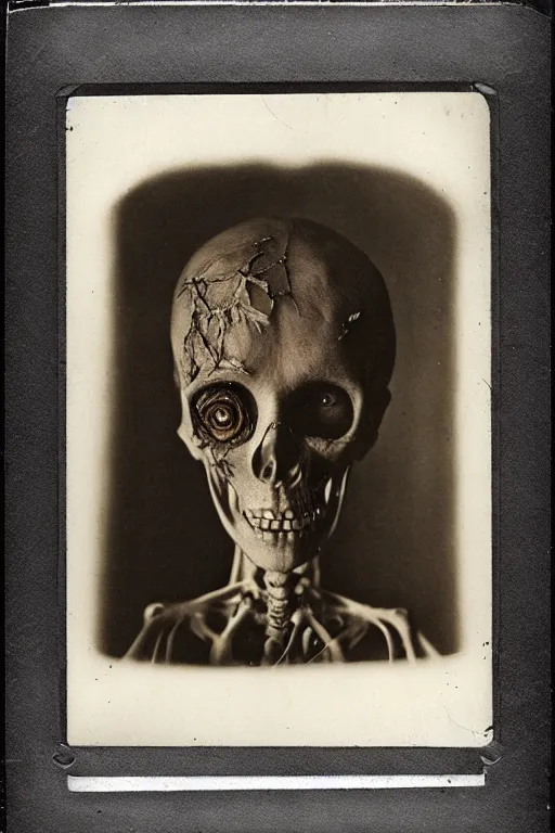 Image similar to an 1 9 1 0 polaroid photography of a very sad and detailed rotten woman corpse with fractal ornate growing around her face muscles, veins, arteries, bones, anatomical, skull, eye, ears, intricate, surreal, ray caesar, john constable, guy denning, dan hillier