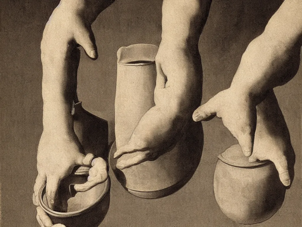 Image similar to Close up of hands holding a water jug. Painting by Zurbaran.