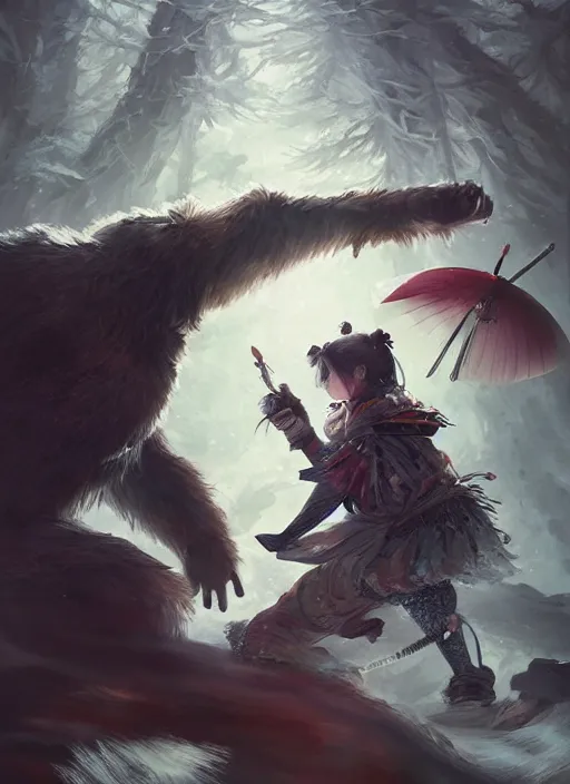 Prompt: japanese girl and a samurai werebear, d & d, fantasy, portrait, highly detailed, digital painting, trending on artstation, concept art, sharp focus, illustration, art by artgerm and greg rutkowski and magali villeneuve