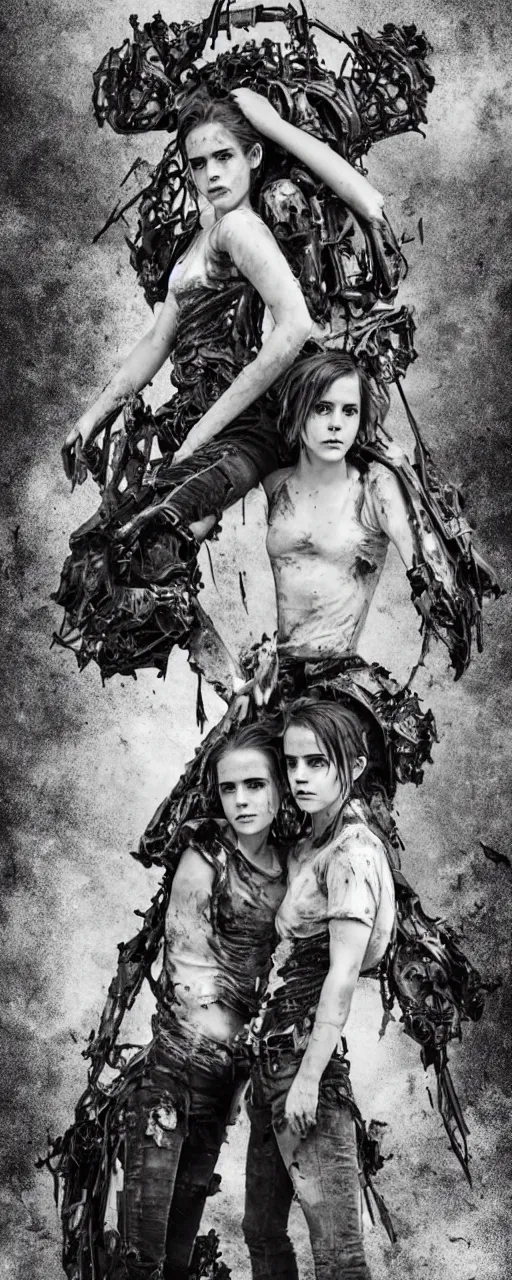 Image similar to Emma Watson fractal armour twinned conjoined sisters action poses dishevelled photorealistic portrait grimy sweating wet face dirty t-shirt and torn jeans in broken biomechanical fractal armour abandoned exploding sci-fi gas station, dark and dim atmospheric smog trending on artstation 8k matte painting, dramatic lighting, dramatic shadows professional photograph by Irving Penn Abumi zuri no kawa Agemaki Agemaki no kan Ago no o benri Aibiki Aida kanamono Aka Akoda nari bachi Art ASA Asa no ha gusari Ase nagashi no ana B Bachi Bishamon gote Boko no ita Bitsu Bugyo Byo Byo gashira Byo toji yokohagi okegawa dō C Choban Chochin kabuto Chokin Chotsugai Chotsugai Kugi D Daku Akuma Daisha Guchi Daimyō Dangaye Dō Dō Dō Maru E Eboshi Eboshi Nari Bachi Edo Egawa Emi men Etchu bo Etchu haidate Etchu jikoro Etchu suneate Etchu zunari bachi F Fukigaeshi Fukube Fukurin Fuse Gumi Fusube Gawa G Gashira Gattari Gendai Gessan Gessan Jikoro Go-Mai Dō Goshozan Gumbai Gunsen Guru-wa Gusoku Gusoku bitsu Gyoyo H Hachi Hachigane Hachiman za Himo Hachi tsuke no ita Haidate Haku hatsu men Hana Hanagami bukuro Hanbo Happuri Haraidate dai Haramaki Harikake Harikake bachi Hatomune dō Heichozan Hige Hiji gane Hineno jikoro Hineno zunari bachi Hiro sode Hishi nui Hishi nui no ita Hishi nui dō Hishi toji Hishi toji dō Hishi toji hotoke dō Hitai ate Hitsu Hoate Hodo haidate Hon iyo zane Hon kozane Hoshi Hoshi bachi Hotoke dō I Ichi no tare Igaki