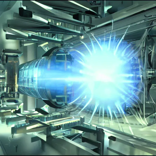 Image similar to ignition facility fusion reaction laboratory still from animation movie render by pixar