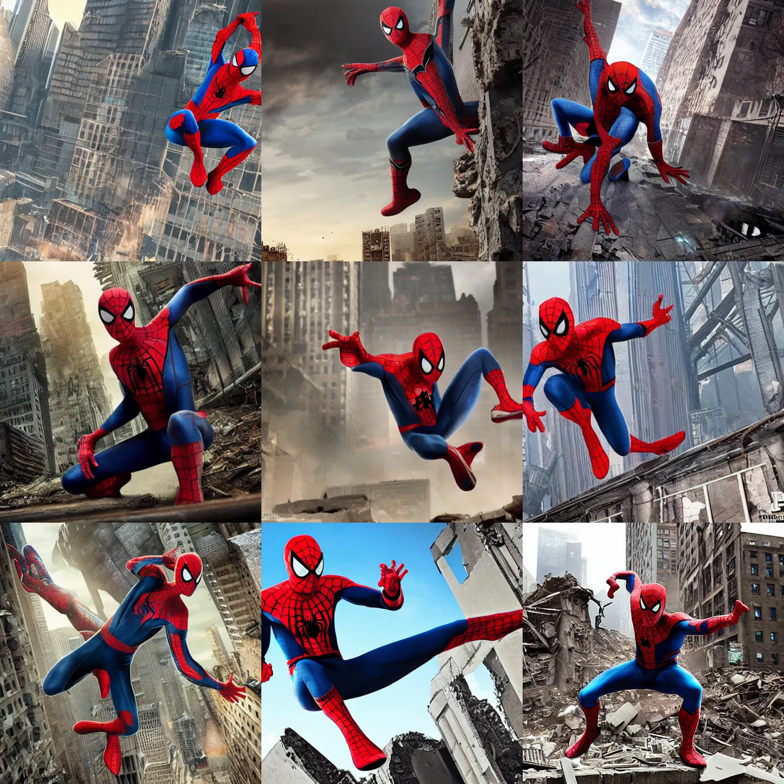 Prompt: Spiderman gliding through the ruins of post apocalyptic new York