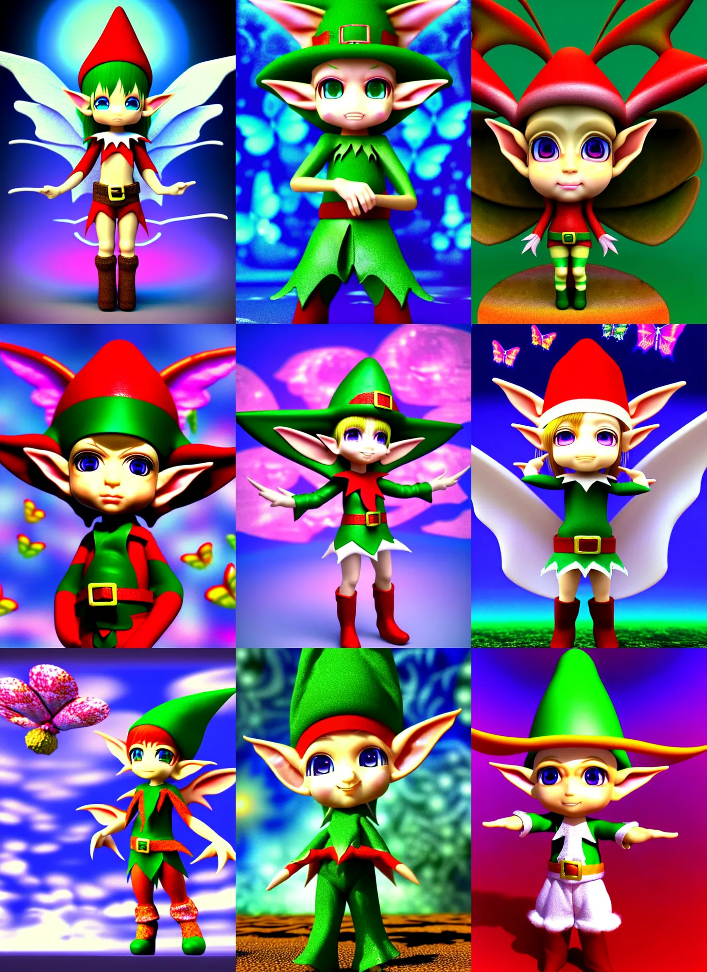 Prompt: 3d render of chibi elf by Ichiro Tanida wearing a big cowboy hat and wearing angel wings against a psychedelic swirly background with 3d butterflies and 3d flowers n the style of 1990's CG graphics 3d rendered y2K aesthetic by Ichiro Tanida, 3DO magazine