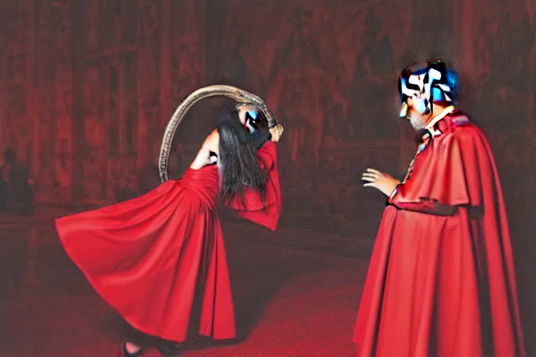 Image similar to dark scene at the vatican, pope performing an exercism on a girl with long black hair wearing a red dress, dramatic atmosphere, 3 5 mm, vivid colors, hyper detailed, 8 k