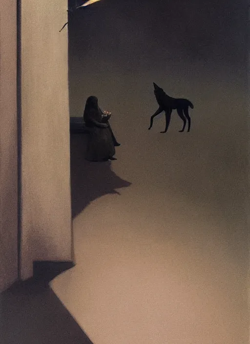 Image similar to woman with on a black wolf on the night street by Edward Hopper and James Gilleard, Zdzislaw Beksinski highly detailed