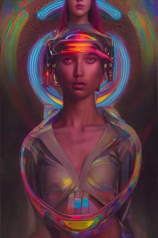 Image similar to patron saint of 🛸🌈👩🏾, futuristic clothing, neon god of city character portrait, in the style of moebius, tom bagshaw, and waterhouse, cinematic lighting, beautiful, elegant, oil painting,