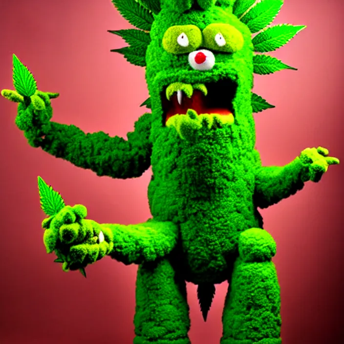 Image similar to giant angry anthropomorphic angry marijuana plant creature